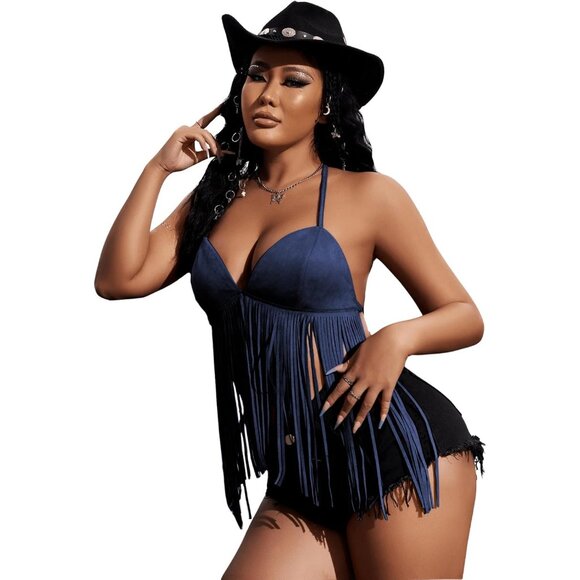 Women Dark Blue Fringe Suede Halter Top Backless Deep V Neck Western Outfit - Picture 4 of 5